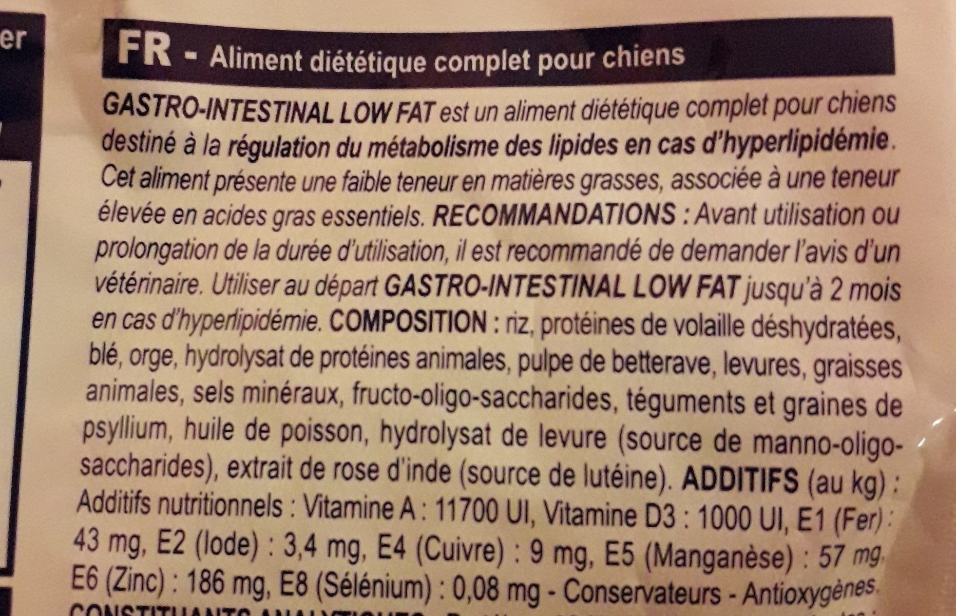 Royal Canin Veterinary - Gastro Intestinal Low Fat Chien LF 22 - Ingredients - fr