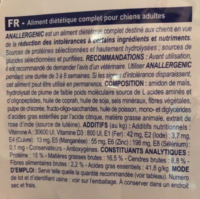 Royal Canin Vdiet Dog - Anallergenic An18 - 8 KG - Nutrition facts - fr