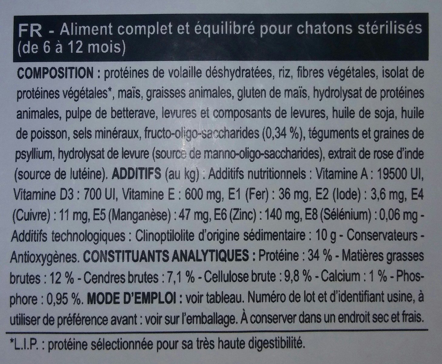 Royal Canin - Croquettes Kitten Sterilised Pour Chaton - 2KG - Ingrédients - fr