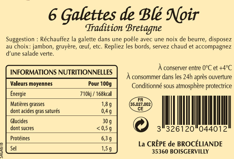 Galettes de Blé Noir Tradition Bretagne en sachet x6 - Informations nutritionnelles - fr