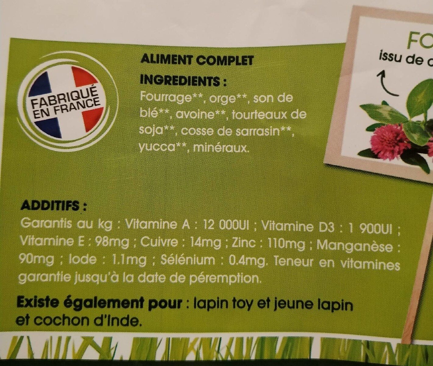 Repas complet pour lapin nain - Nutrition facts - fr
