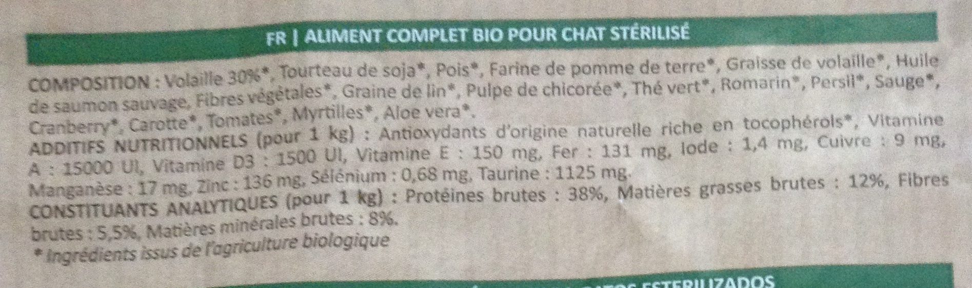 Bio organic pet food pour chat stérilisé - Ingredients - fr