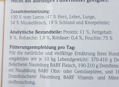 Domfleischerei Naumburg BARF Lamm - Nutrition facts - de