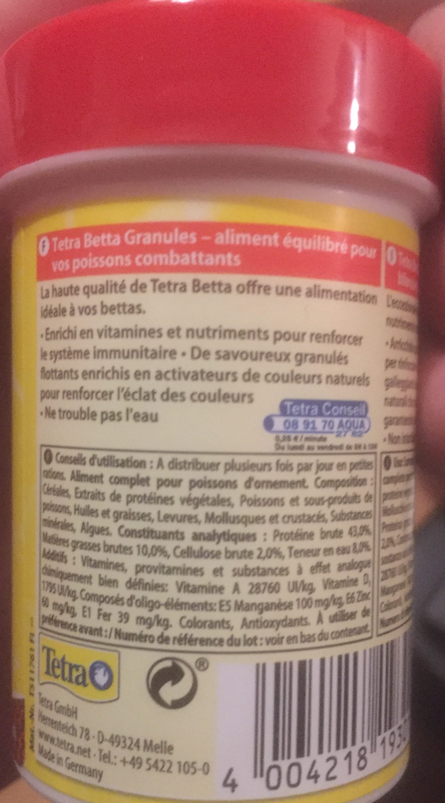 Tetra - Aliment Complet Betta Granules En Granulés Pour Betta Splendens - 85ML - Ingredients - fr