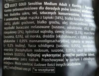 Sensitive Medium Adult z Koniną i Tapioką - Ingredients - pl