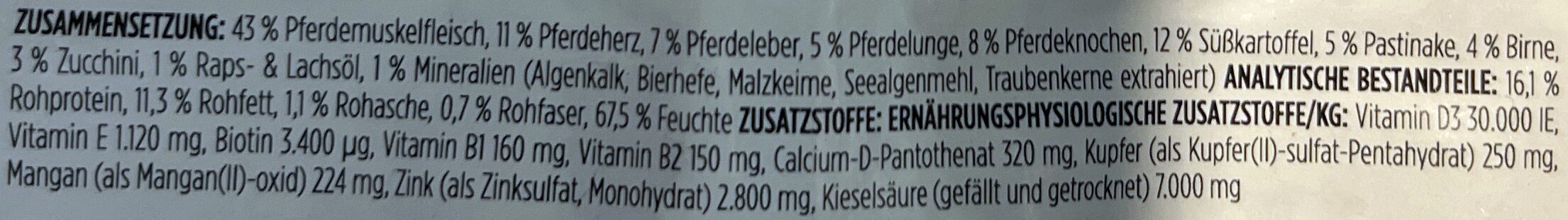 Pferd mit Süsskartoffel, Pastinake, Birne & Zucchini - Ingredients - de
