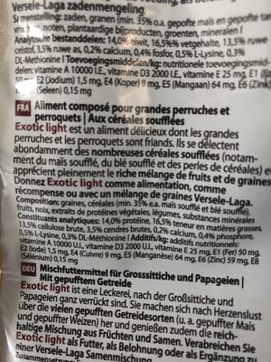 Versele-laga Exotic Light Aliments Pour Perroquets Avec Maïs Sou - Ingrédients - fr