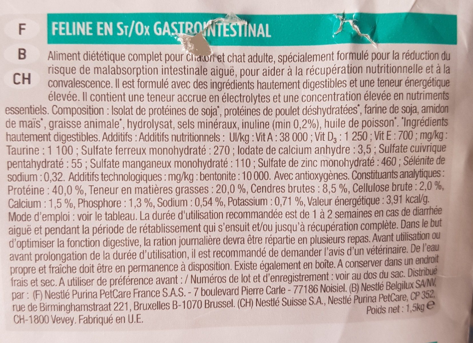 Purina VD En Gastroenteric Pour Chats - Ingredients - fr