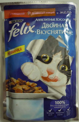 Felix Аппетитные кусочки. Двойная вкуснятина.  С говядиной и домашней птицей, в желе. - Product - ru