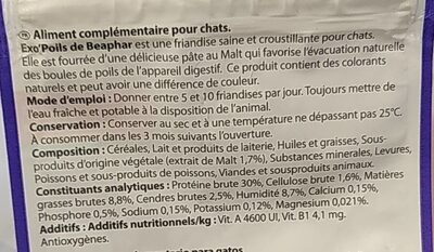 Beaphar Exo'poils Friandises Au Malt - Pour Chat - Informations nutritionnelles